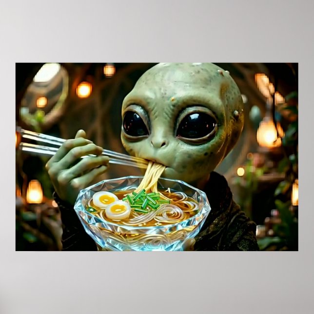 Lustiger Außerirdischer, der Ramen-Nudeln isst Poster (Vorne)