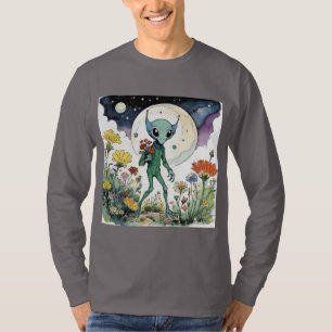 Lustiger Außerirdischer pflückt Blumen bei Vollmon T-Shirt