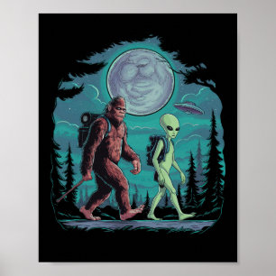 Lustiger Außerirdischer und Bigfoot beim Wandern M Poster
