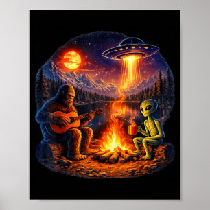 Lustiger Außerirdischer und Bigfoot Lagerfeuer Mon Poster