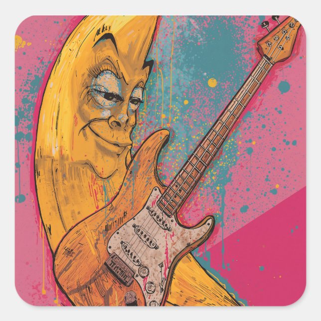 Lustiger Bananen-Gitarren-Sticker | Cartoon-Musik- Quadratischer Aufkleber (Vorderseite)