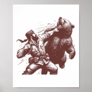 Lustiger Bär Mann schlägt Bär Retro Vintage Jagd Poster