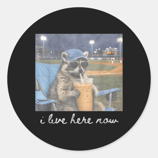 Lustiger Baseballplatz Waschbär Eis Kaffee Live Runder Aufkleber (Vorderseite)