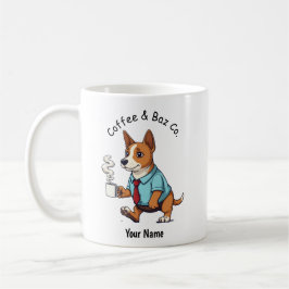 Lustiger Basenji-Hund im Geschäftsanzug Kaffee Kaffeetasse