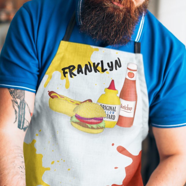Lustiger BBQ-Grill personalisiert  Schürze (Custom BBQ hamburgers, hotdog, ketchup and mustard large apron)