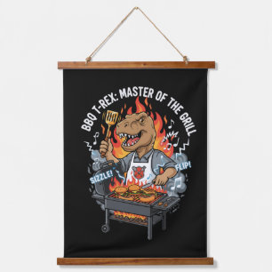 Lustiger BBQ T-Rex Meister des Grills Dinosaurier  Wandteppich Mit Holzrahmen