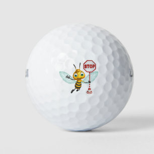 lustiger Bienencartoon-Charakter mit Stoppschild Golfball