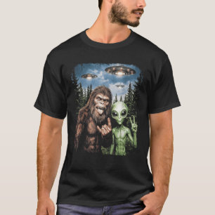 Lustiger Bigfoot-Alien-Selfie-Rock-On-Friedenszeic T-Shirt