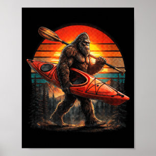 Lustiger Bigfoot-Kajakfahren Retro-Sonnenuntergang Poster