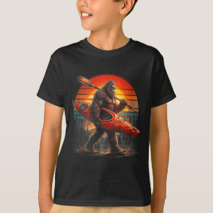 Lustiger Bigfoot-Kajakfahren Retro-Sonnenuntergang T-Shirt