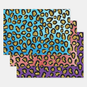 Lustiger Blau, Rosa, Lila Leopard Tierdruck Geschenkpapier Set