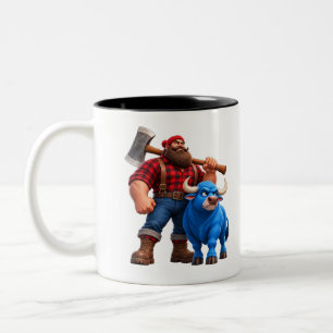 Lustiger blauer Bulle und Holzfäller 3D-Cartoon-De Zweifarbige Tasse