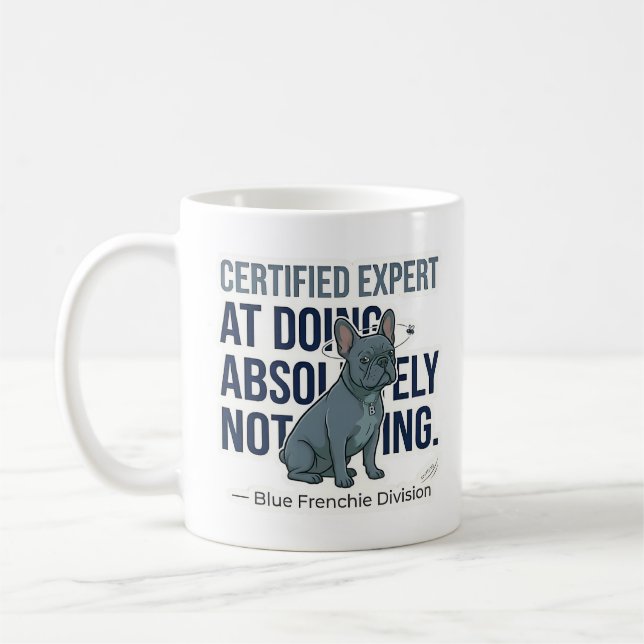 Lustiger blauer französischer Bulldoggen-Experte f Kaffeetasse (Links)