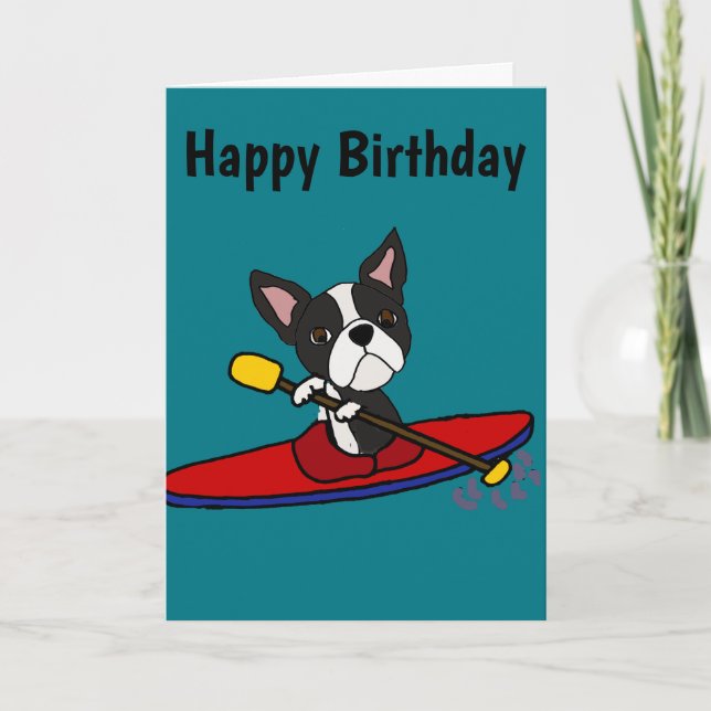 Lustiger Boston-Terrier-HundeKayaking Cartoon Karte (Vorderseite)