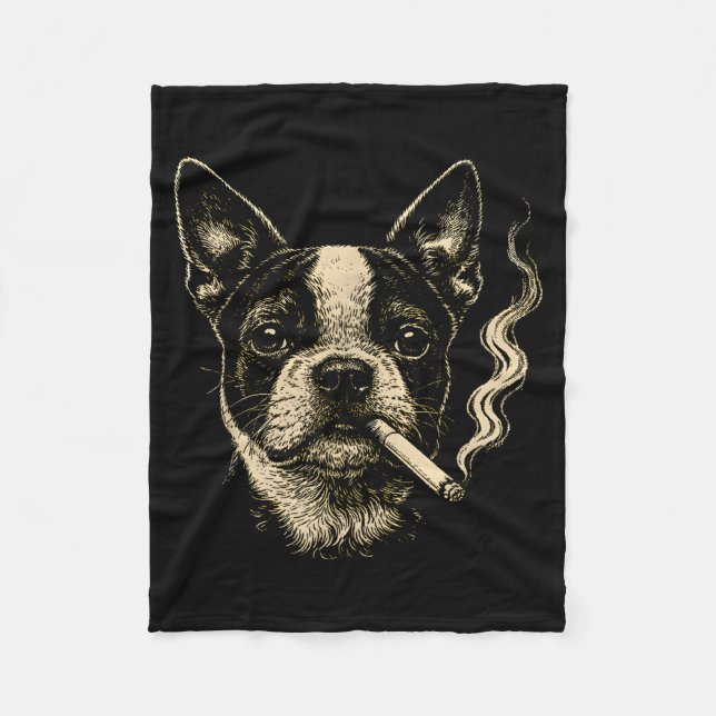 Lustiger Boston Terrier Meme Hund raucht Zigarette Fleecedecke (Vorderseite)