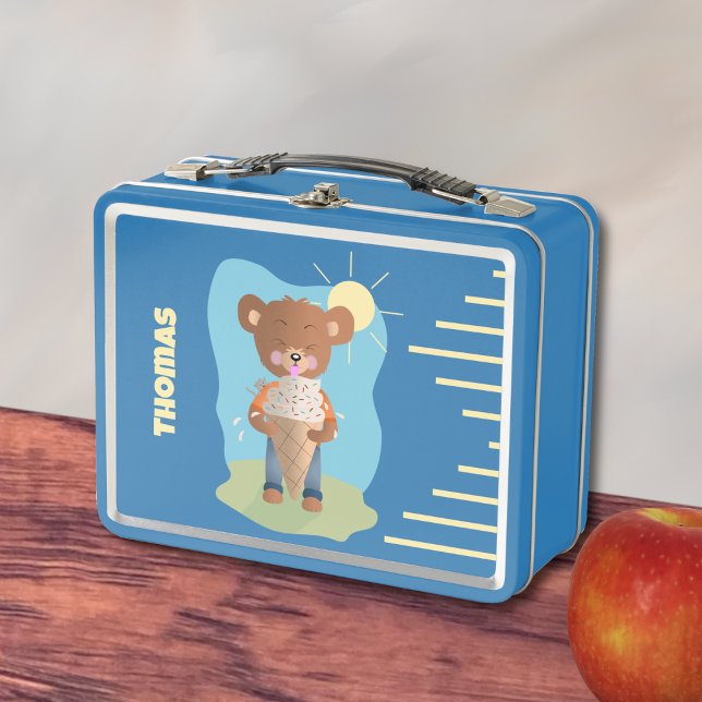 Lustiger Brauner Bär mit Eiscreme Kind Metall-Lunc Metall Brotdose (Kid metal lunchbox with a funny brown bear trying to eat a giant ice cream cone . )