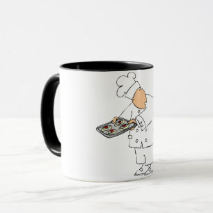 Lustiger Cartoon-Bäcker-Koch mit Tablett mit Gebäc Tasse