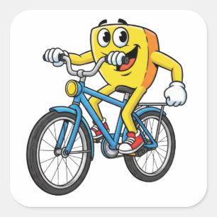 Lustiger Cartoon-Fahrradfahrender Charakter-Aufkle Quadratischer Aufkleber