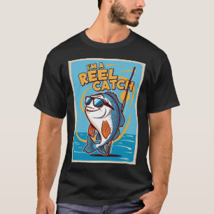 Lustiger Cartoon-Fisch mit Sonnenbrille und Angelr T-Shirt