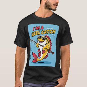 Lustiger Cartoon-Fisch mit Sonnenbrille und Angelr T-Shirt