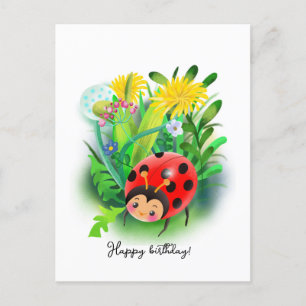 lustiger Cartoon Ladybug unter den Blume Postkarte