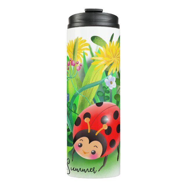 lustiger Cartoon Ladybug unter den Blume Thermosbecher (Vorderseite)