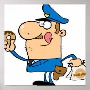 lustiger Cartoon Polizist isst Donuts Poster