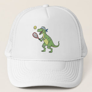 Lustiger Cartoon-T-Rex spielt Tennis-Dinosaurier Truckerkappe