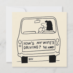 Lustiger Cartoon von Ehefrau beim Autofahren Karte