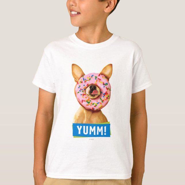 Lustiger Chihuahua-Hund mit besprühen Krapfen auf T-Shirt (Vorderseite)
