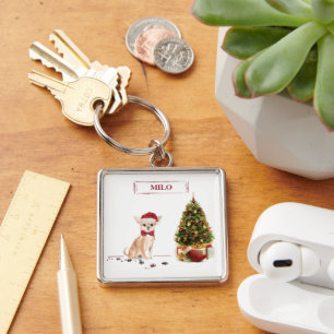 Lustiger Chihuahua-Weihnachtshund mit Baum Schlüsselanhänger