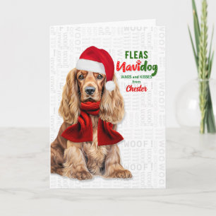 Lustiger Cocker Spaniel Flöhe Navidog mit Namen Feiertagskarte