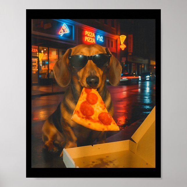 Lustiger cooler Dachshund mit Pizza-Scheibe Meme E Poster (Vorne)