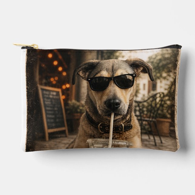 Lustiger cooler Hund trinkt eisgekühlten Kaffee Zubehörtasche (Vorderseite)