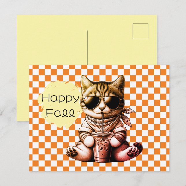 Lustiger Cooler Katzentee Froher Herbst Postkarte (Vorne/Hinten)