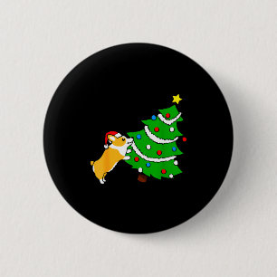 Lustiger Corgi schiebt Weihnachtsbaum Xmas Hundema Button