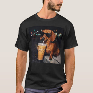 Lustiger Dachshund, der eisgekühlten Kaffee trinkt T-Shirt