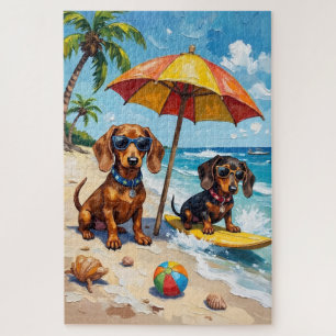 Lustiger Dachshund-Strandparty Sommer-Hundefreund Puzzle