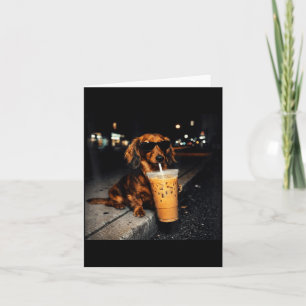 Lustiger Dachshund trinkt Eiskaffee Süßer Hund Mem Karte