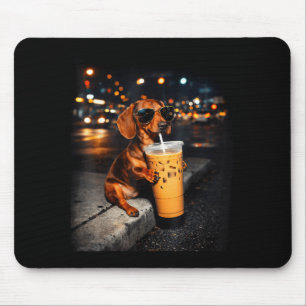 Lustiger Dachshund trinkt Eiskaffee süßer Hund Mem Mousepad