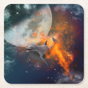 Lustiger Delphin im Universum Rechteckiger Pappuntersetzer