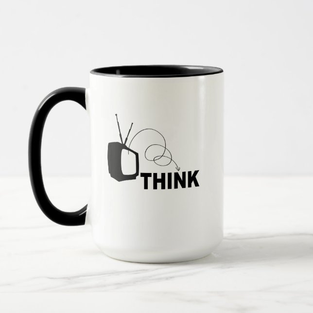 Lustiger Denkender denkt außerhalb der Idiot-Box T Tasse (Links)