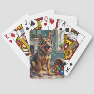Lustiger Deutscher Schäferhund, verheddert in Weih Spielkarten