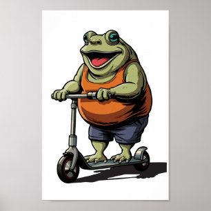 Lustiger dicker Frosch fährt auf Scooter Cartoon   Poster
