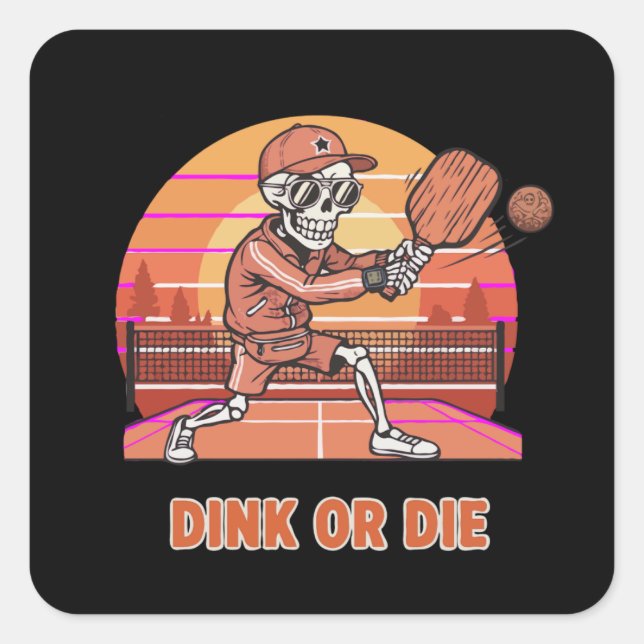 Lustiger Dink oder stirb Pickleball Skelett Retro  Quadratischer Aufkleber (Vorderseite)