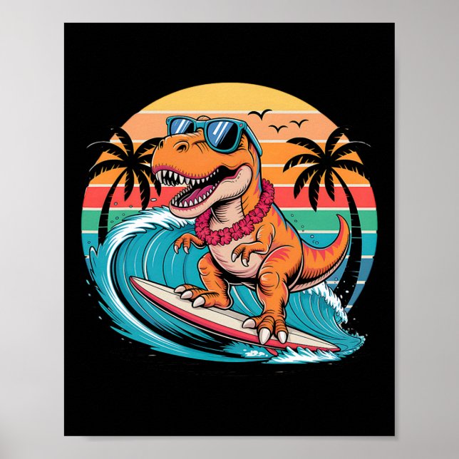 Lustiger Dinosaurier-Surfboard-Strand-Sommer-Surfe Poster (Vorne)