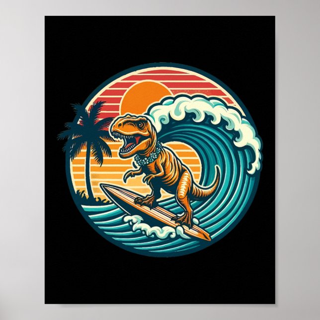 Lustiger Dinosaurier-Surfboard-Strand-Sommer-Surfe Poster (Vorne)