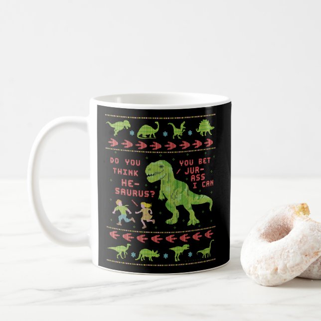Lustiger Dinosaurier-Wortspiel-Spaß-Imitat-Strick Kaffeetasse (Mit Donut)