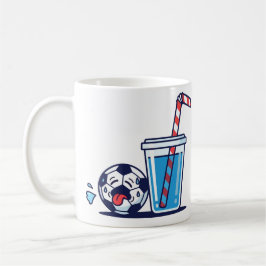 Lustiger durstiger Fußball, der ein kaltes Wasserg Kaffeetasse