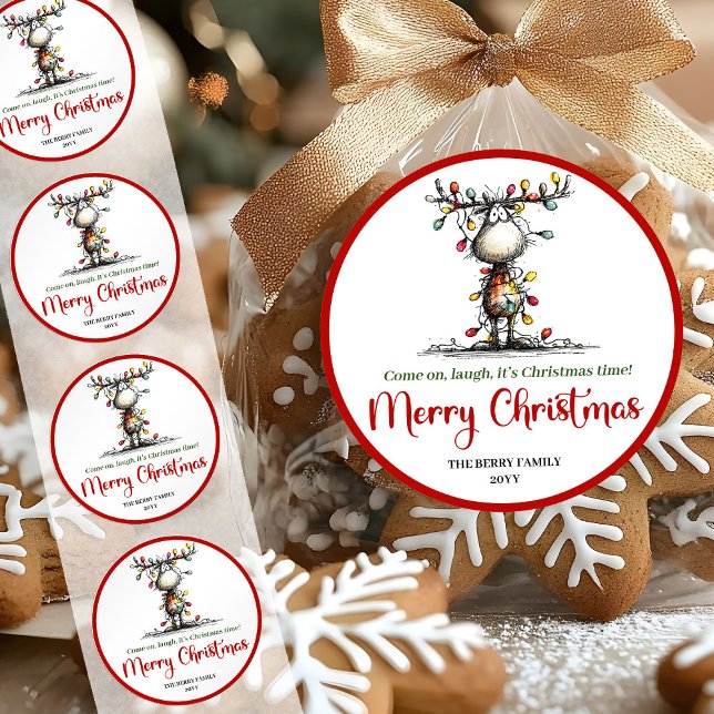 Lustiger, eigenartiger Rentier-Aufkleber mit Weihn Runder Aufkleber (Funny quirky reindeer sticker with Christmas lights

)